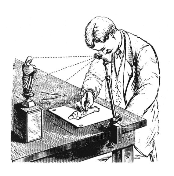A man using a camera lucida to draw a picture of a small statue.