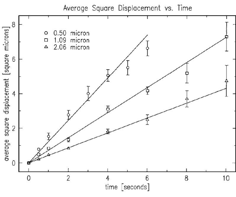A plot of the average mean square displacement of three different sized particles over time.