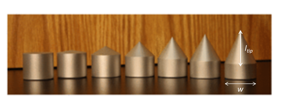 An image of seven intruders used in the experiment, ranging from a blunt intruder to an intruder with a conical top.