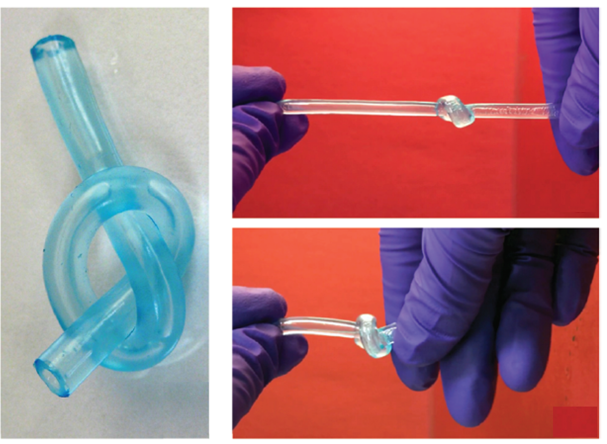 Photos of polymer hydrogel tube tied in a knot and stretched by a researcher wearing purple gloves.